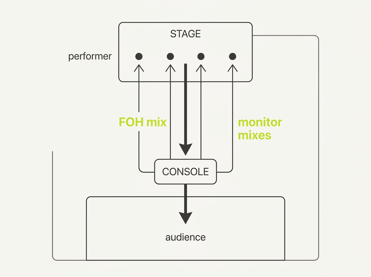 The two parallel mixes: FOH mix goes to the audience out front; monitor mixes go to performers on stage via wedges and IEMs