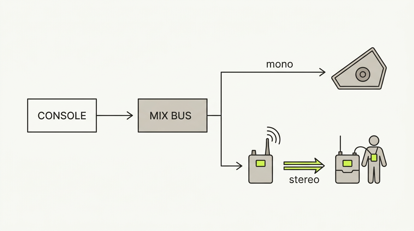 Monitor signal flow: console → mix bus → wedge (mono) or IEM transmitter → bodypack (stereo)
