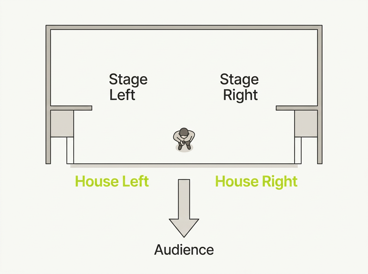 Top-down stage diagram showing stage left/right (performer's perspective) versus house left/right (audience's perspective), with an audience-direction arrow