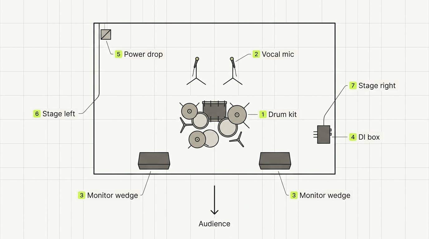 Annotated stage plot diagram — positions, gear, monitors, power, and stage directions