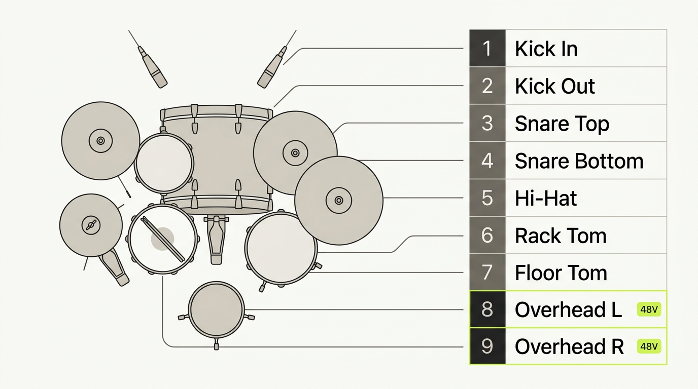 Drum component to channel mapping diagram — kick, snare, toms, hi-hat, overheads to numbered channels