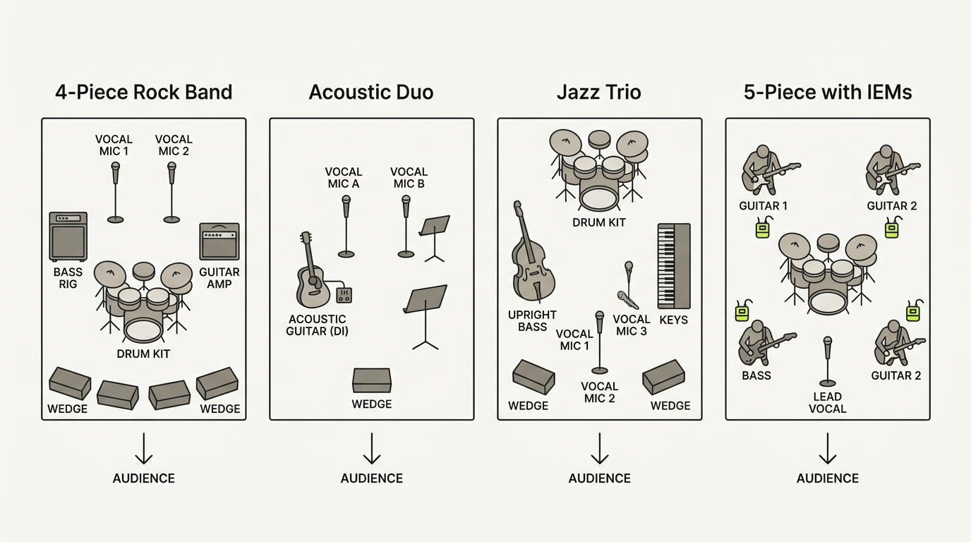 Four common stage plot templates compared side by side