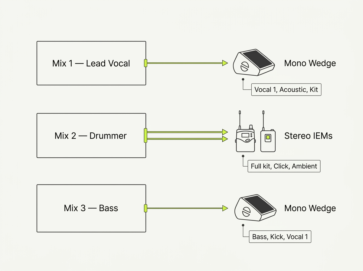 Mix-to-destination relationship: each mix routes to either a wedge or an IEM bodypack, carrying specific channels
